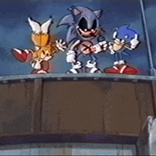 sonic the hedgehog and tails the fox are standing on top of a wooden tower .