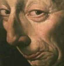 a close up of a painting of a man 's face shows his eyes and mouth