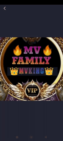 a logo for mv family mvking with a crown and flames