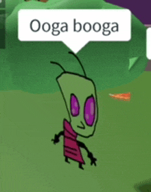 a cartoon character with purple eyes and a speech bubble that says ' ooga booga ' on it .