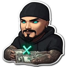 a cartoon of a man holding a dollar bill with a green x on it