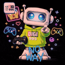 a robot wearing a green hoodie that says digi 995