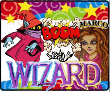 a poster with a wizard and a girl and the words boom wizard on it