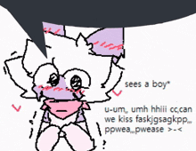 a pixel art drawing of a cat with a speech bubble that says sees a boy