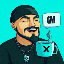 a man with a beard is holding a cup of coffee and a speech bubble with the word gm coming out of it