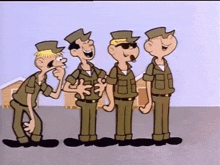 a group of four cartoon soldiers are standing next to each other and laughing .