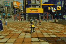 a video game scene with a yellow sign that says " zd "