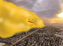 a yellow cartoon character is flying through the air over a city