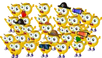a bunch of cartoon characters with big eyes wearing different hats