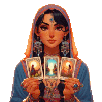 a woman holding three tarot cards including the empress and the lovers