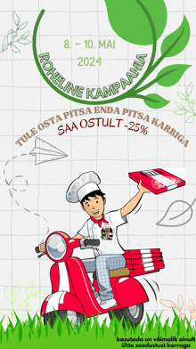 a poster for roheline kampaania shows a man on a scooter holding a box of pizza