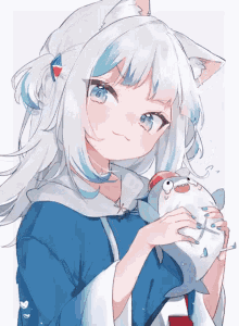 a girl with white hair and blue eyes is holding a stuffed shark in her hands