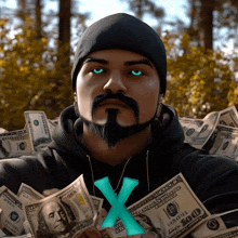 a man with a beard is holding a pile of money with a green x in the middle