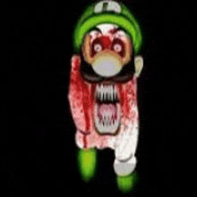 a cartoon character with a green hat and a bloody shirt is screaming .