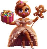 a gingerbread woman is holding a box of candy and a gingerbread man on a stick