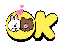 a brown bear and a white rabbit are in a yellow circle with the word ok