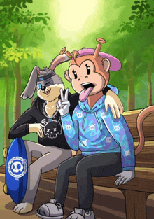 a cartoon of a monkey and a bunny sitting on a park bench