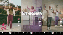 three screenshots of a tik tok app showing people dancing and the words following for you