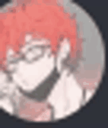 a close up of a person 's face in a circle with red hair and glasses .