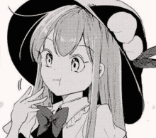 a black and white drawing of a girl with long hair wearing a hat .