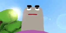 a cartoon character with a funny face is standing in front of a tree and the sun .