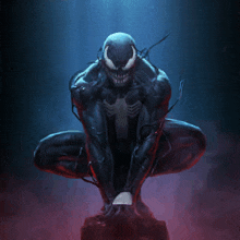 a painting of venom sitting on a rock in the dark