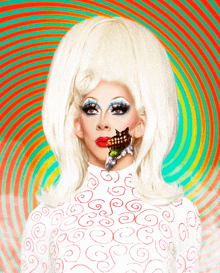 a drag queen with a swirl in the background has a piece of food in her mouth