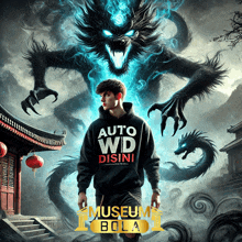 a man wearing a black hoodie that says auto wd disini stands in front of a dragon