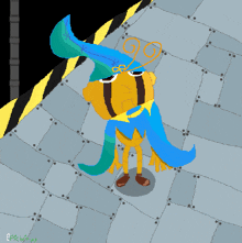 a pixel art drawing of a cartoon character with a blue cape and a swirl on his head