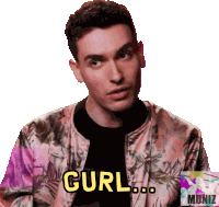 a man in a floral jacket says " curl " in yellow letters