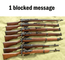 several guns are lined up in a row with the words 1 blocked message above them