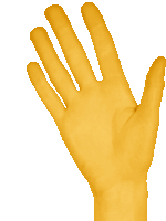 a yellow hand is reaching out towards a white background