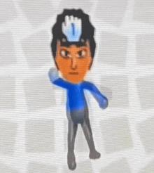 a video game character with a blue shirt and black pants