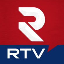 a red and blue logo for rtv with a white r on it