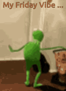 a green frog is dancing with the words my friday vibe written above it