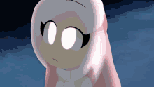 a close up of a cartoon character with pink hair and white eyes