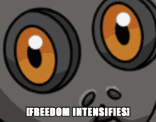 a close up of a cartoon character 's eyes with the words freedom intensifies written below them