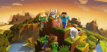 a group of minecraft characters standing on top of a small island .