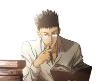 a man with glasses is reading a book
