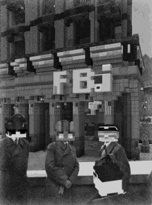 a black and white photo of two men in front of a building with the word fbi on it