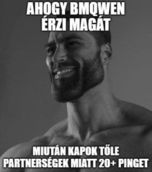 a black and white photo of a shirtless man with a beard and the words " ahogy bmqwen erzi magat "