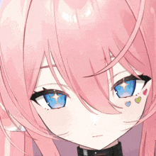 a close up of a pink haired anime girl with hearts on her face