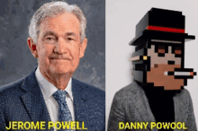 a man in a suit and tie next to a pixelated man with the name jerome powell on the bottom