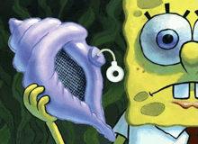 a cartoon of spongebob holding a purple seashell