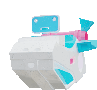 a cartoon drawing of a robot with a blue face and a pink tail