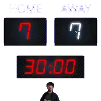 a man is standing in front of a digital clock that says home away