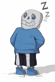 a drawing of a skeleton with a pillow on his head that says ' zzz '