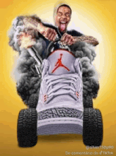 a man is riding a lawn mower made out of a shoe