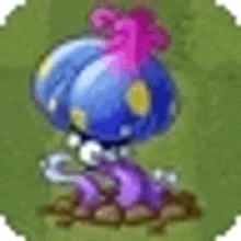 a blue and purple cartoon character with a pink mohawk is sitting on top of a pile of dirt .