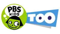 the logos for pbs kids and too are shown